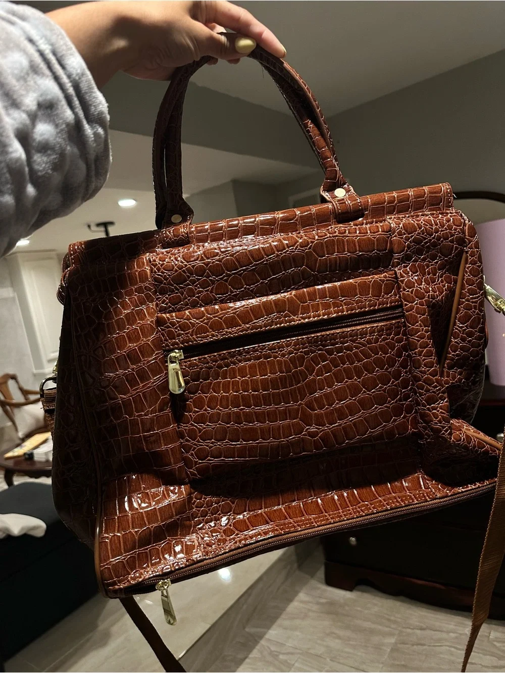 Brown Croc-Embossed Satchel Bag